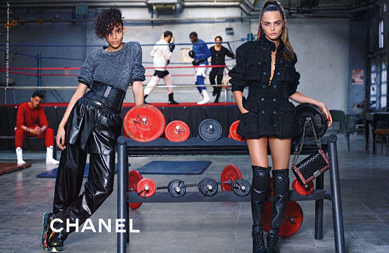 Paris, France. 4th Mar, 2014. German designer Karl Lagerfeld and british  model Cara Delevingne present the Chanel fall/winter 2014 /2015 collection  during the Paris Pret a porter fashion week in the set