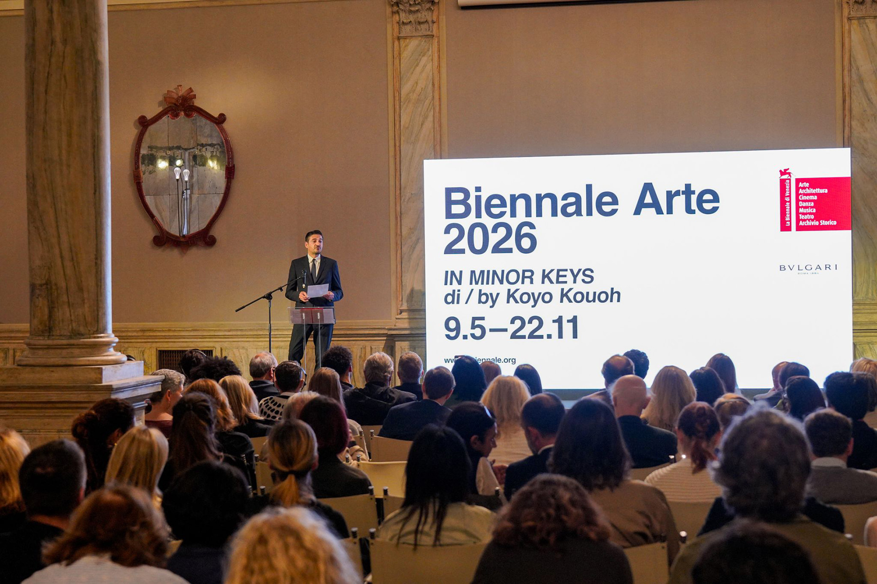 Matteo Morbidi, general director of Fondazione Bulgari, at the presentation of Biennale Arte 2026 in Venice | Source: Bvlgari