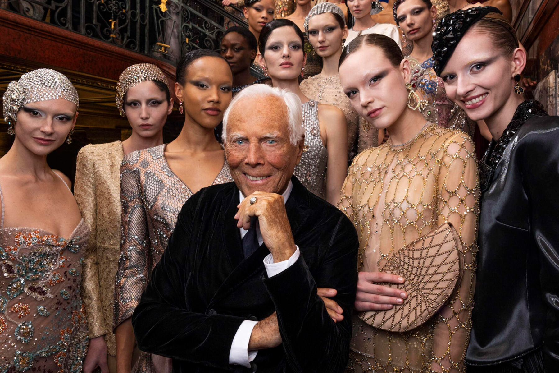 Giorgio Armani with models at the Giorgio Armani Privé Spring 2025 Couture Show in Paris | Source: Giorgio Armani
